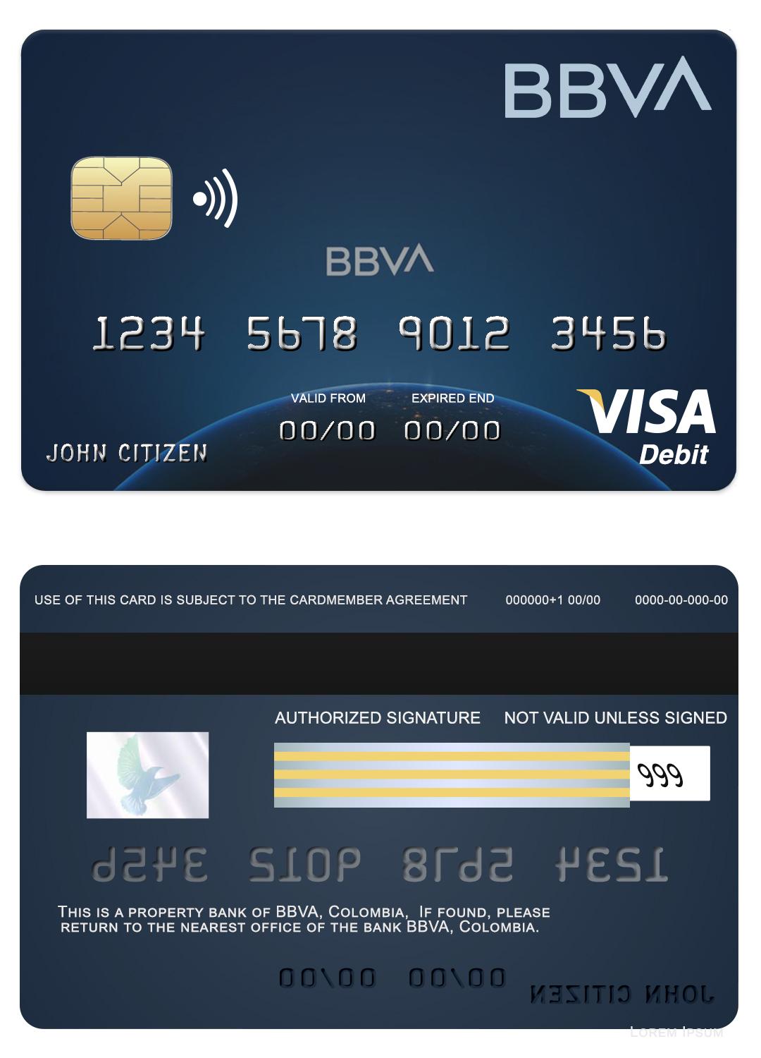 Download Colombia BBVA  bank visa card Photoshop template